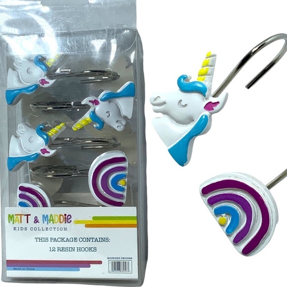 Matt & Maddie Unicorn Rainbow Hooks Kids Collection 12 Shower Curtain Hook Set - Picture 10 of 15
